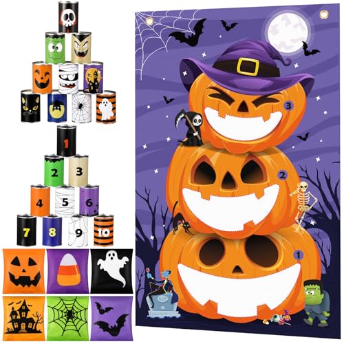 17 Pcs Fall Halloween Carnival Can Bean Bag Toss Games for Kids Thanksgiving Autumn Party Throwing Game Set with Background for Adults Indoor Outdoor Party Toy Accessory - style: Halloween