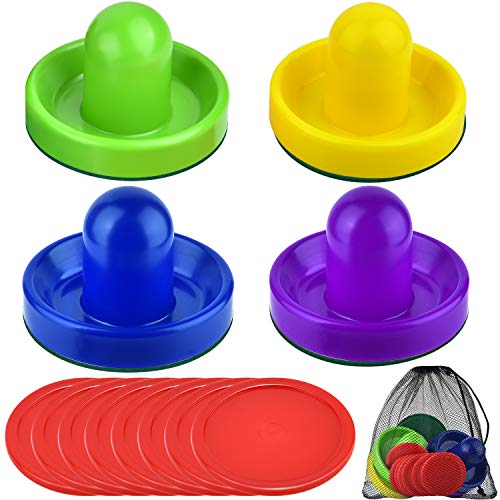 Coopay Air Hockey Pushers and Pucks, Air Hockey Paddles with Felt Bottoms, Goal Handles Paddles Replacement Accessories with a Drawstring Bag for Game Tables (4 Striker, 8 Red Puck Pack) - color: Blue, Green, Yellow, Purple
