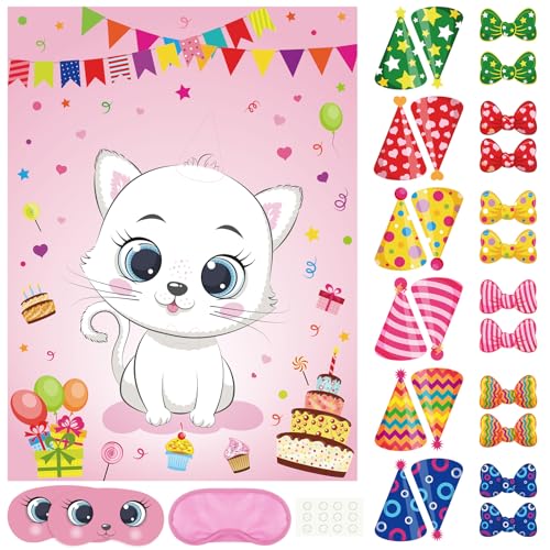 PLULON Cat Party Game for Kids Pin The Hat Bow Tie on The Cat Birthday Game Poster for Boy Girl Birthday Summer Party Favors Wall Decorations Classroom Activities - style: Cat