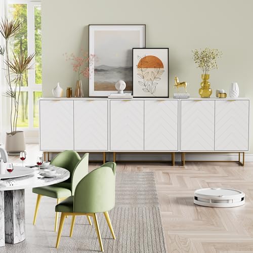 Scurrty 94.5" Large Sideboard Buffet, Storage Cabinet with Golden Legs, Black Sideboard Storage Cabinet with 6 Doors and Adjustable Shelf, Accent Cabinet for Living Room, Kitchen,White - color: White, size: 6 Doors