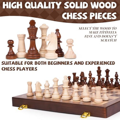 Large 17-Inch Wooden Chess Set – Folding Chess Board with Solid Wood Pieces, Oversized 3.5” King, Two Extra Queens, Premium Gift Chess Set for Adults Classic Strategy Game