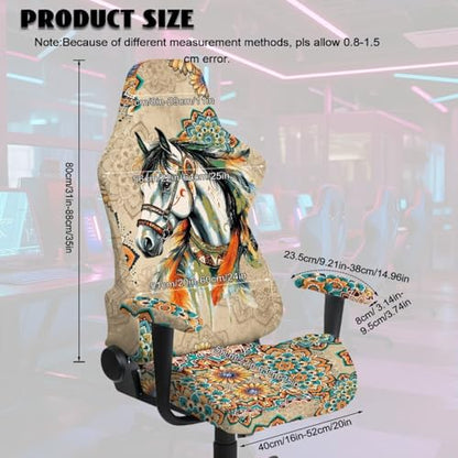 Horse Print Gaming Chair Covers Boho Mandala Flower Print Gamer Chair Cover Set with 2 Armrest Covers for Swivel Rotating Chairs, Machine Washable - color: Brown - Horse Boho Mandala Flower