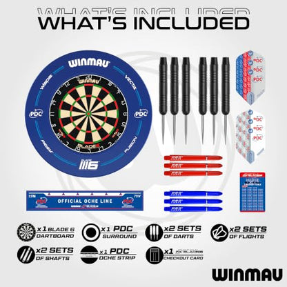 WINMAU Blade 6 Dartboard Set – PDC Endorsed Professional Dart Board with Surround – Includes 2 Steel Tip Dart Sets, Oche Line & Checkout Card – Complete Home Darts Setup