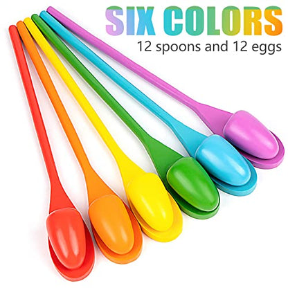24 Pack Easter Egg and Spoon Race Game, 6 Colors Egg Spoon Race Game Sets with 12 Eggs and 12 Spoons, Halloween Egg Hunt Games, Easter Egg Toys for Kids