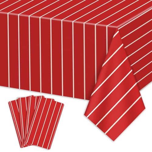 4 Pcs Plastic Baseball Tablecloths, Rectangle Red Stripe Table Cloth for Baseball Game Day Sports Theme Party Supplies, 51 x 86 Inches - color: White on Red