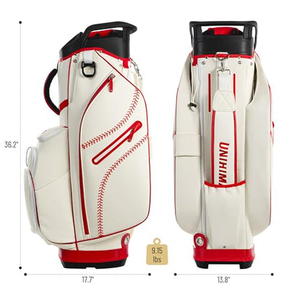 uniHimal Golf Cart Bag with 14-Way Full-Length Dividers, Premium PU Leather Golf Bag for Men Women with Plush Top, Magnetic Pocket and Rain Cover, Lightweight Golf Club Bag Includes Cooler Pockets - color: Beige Red