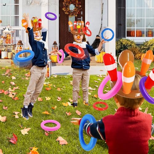 3 Pack Thanksgiving Party Games for Kids Total 18 Pieces Toys Including Inflatable Turkey Hats Ring Toss & Bean Bag Toss & Turkey Beaks Carnival Party Favors Supplies for Family Indoor Outdoor Yard