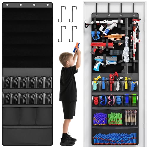 Mefirt Over The Door Organizer for Toy Guns, Toys Storage Door Hanger with Pockets and Slots for Kids Foam Blasters, Darts, Goggles, Over Door Toys Storage Organizer, for Kids Rooms, Game Rooms, Gray - color: Grey