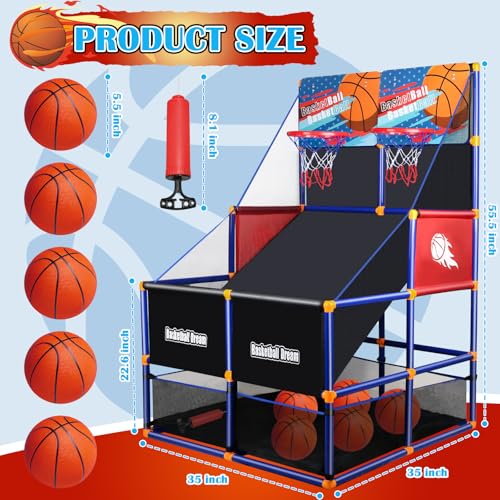 Arcade Basketball Game Set for Kids, Boy Toys Basketball Hoop with 4-5 Balls for 3-12 Years Old, Adjustable Height w/Pump & Storage Net for Kids Indoor Outdoor Sports Play, Christmas Birthday Gifts