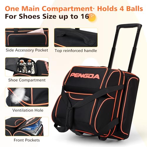 PENGDA 4 Ball Bowling Bag With Wheels, Integrated Single-Chamber 4-Ball System, 900D Reinforced Oxford Bowling Ball Bag, Telescopic Handle Roller Tote Storage Bag for Bowling Accessories and shoes