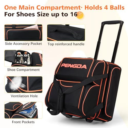 PENGDA 4 Ball Bowling Bag With Wheels, Integrated Single-Chamber 4-Ball System, 900D Reinforced Oxford Bowling Ball Bag, Telescopic Handle Roller Tote Storage Bag for Bowling Accessories and shoes