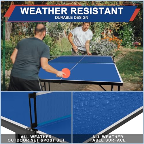 Portable Ping Pong Table, Foldable Indoor Table Tennis Game with 2 Paddles 2 Balls and Net, Quick Assembly Folding Table for Adults and Teens Home Game Room - color: 9ft-blue