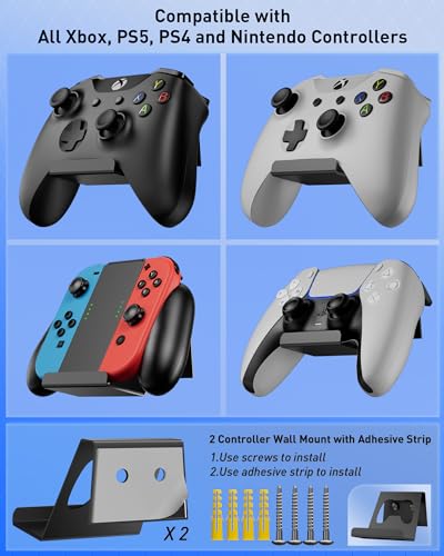Wall Mount for Nintendo Switch and Switch OLED with 2 Controller Wall Holders, Metal Wall Mount Kit Stand with 5 Game Card and 4 JoyCon Shelfs, Safely Store Console Near or Behind TV, Black - color: Black Kit