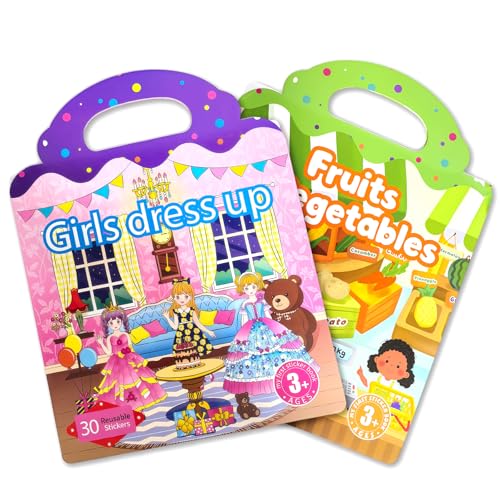 2 Sets Reusable Sticker Book for Kids, Puffy Jelly Stickers for Toddlers, Travel Essentials Craft Activities Toys for Girls Birthday Gifts - Princess, Fruits & Vegetables - color: 2 Sets - Princess Dress Up/Fruits & Vegetables