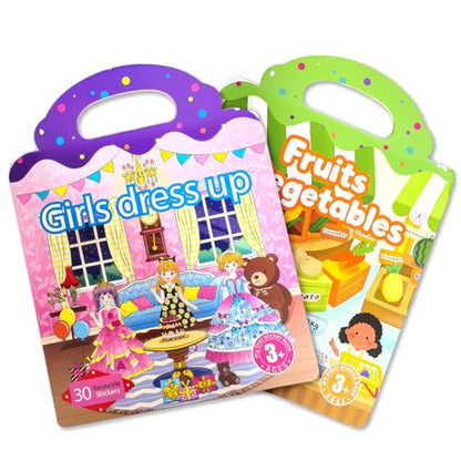 2 Sets Reusable Sticker Book for Kids, Puffy Jelly Stickers for Toddlers, Travel Essentials Craft Activities Toys for Girls Birthday Gifts - Princess, Fruits & Vegetables - color: 2 Sets - Princess Dress Up/Fruits & Vegetables