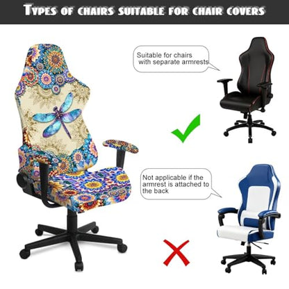 Dragonfly Print Gaming Chair Slip Cover Set Boho Mandala Flower Print Gaming Chair Covers Slipcovers 4Pcs with Armrest Cover Universal Fit for Desk/Swivel/Rotating Chairs Protector - color: Multi - Dragonfly Boho Mandala Flower