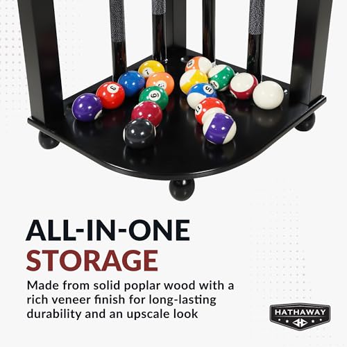Hathaway Regent 28-in Corner Floor Pool Cue Rack – Solid Wood Billiard Cue Rack with Built-in Drink Holders & Triangle Hook – 10 Pool Stick Holder & Full Ball Set – Black Veneer Finish