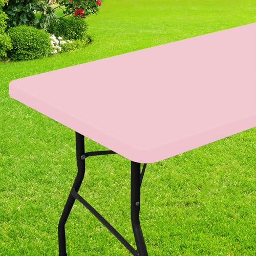Smiry Rectangle Picnic Table Cloth, Waterproof Elastic Fitted Tablecloths for 4 Foot Tables, Washable Polyester Table Cover for Camping, Valentine's Day and Outdoor (Pink, 24"x48") - color: Pink, size: 48" X 24" (Rectangular)