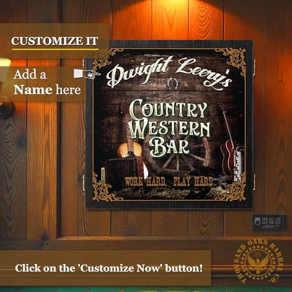 Personalized Dart Board Cabinet Set with 6 Steel Tip Darts, Paper Dartboard, Chalk & Eraser (21.5 x 21.5 x 2.75) - Man Cave Dart Boards for Adults - style: Country Western Bar