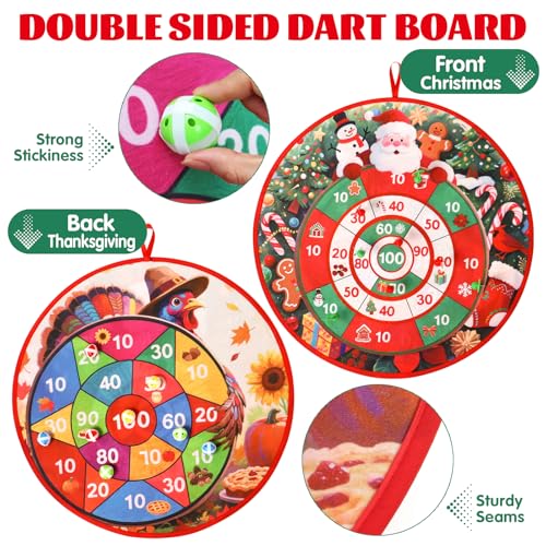 Christmas Games Santa Claus Dart Board for Family, Kids Adults with 8 Sticky Balls and 8 Darts, XMAS Activities Game,Indoor Outdoor Toys Party Favors Gifts (Double Sided Target Christmas&Thanksgiving)