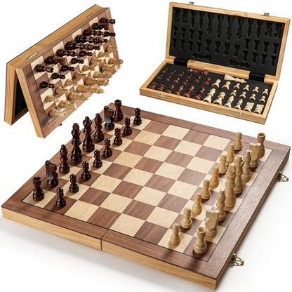 Magnetic Chess Set for Adults & Kids, 15.4 inch Wooden Folding Chess Boards, Handcrafted Portable Travel Chess Game with Pieces Storage Slots, 2 Extra Queens - size: 15.4 inches