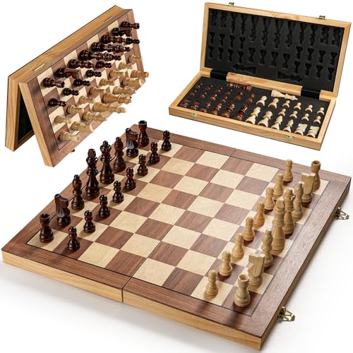 Magnetic Chess Set for Adults & Kids, 15.4 inch Wooden Folding Chess Boards, Handcrafted Portable Travel Chess Game with Pieces Storage Slots, 2 Extra Queens - size: 15.4 inches