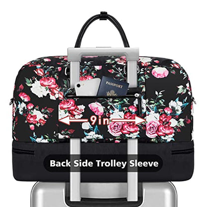 Weekender Bag for Women, Large Overnight Bag Canvas Travel Duffel Bag Carry On Tote with Shoe Compartment 21" 3Pcs Set - color: A15-black+black rose