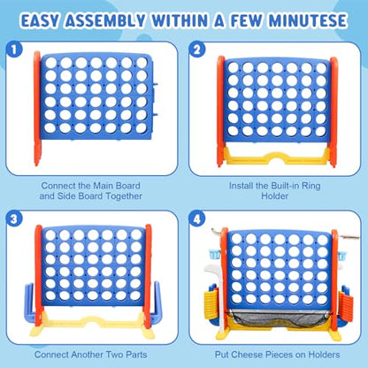 Wdmiya Giant 4 Outdoor Game Set, 4-in-1 Height Adjustable Jumbo 4-in-a-Row Game with Ring Toss, Basketball Hoop & Golf, Backyard Games for Kids & Adults, Includes Mesh Pocket (Upgrade Blue) - color: Upgrade Blue