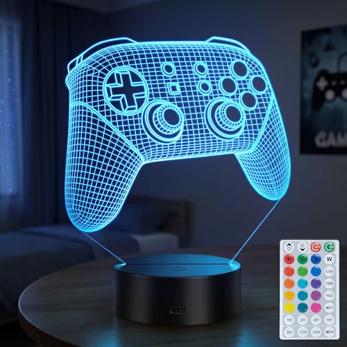 Gamepad 3D Illusion Lamp, Gamer Gift for Boys Men | Controllers 16 Colors LED Dimmable Timer Night Lights, for Birthday Xmas Teenagers Funny Stuff Room Decor - color: Gamepad