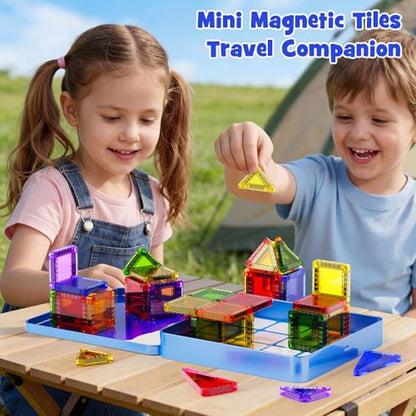 Mini Magnetic Tiles Travel Kit for Kids Ages 3-8, 60pcs Portable Magnetic Building Blocks with Visual Storage Guide & Metal Play Base, STEM Sensory Toys for Preschool Learning - style: Mini Magnetic Tiles Travel Construction Set - 60PCS