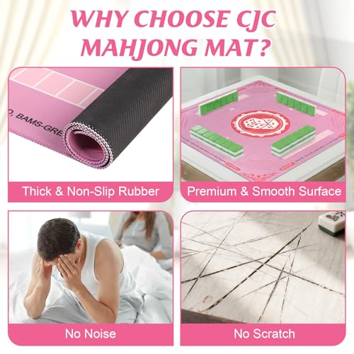 Mahjong Mat with Rules for Table, American Mahjong Table Mats Multi Purpose Anti Slip Noise Reduction Game Table Cover for Poker Card Dominoes Board Tile Games (Pink)