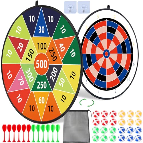 HELLO PAPAYA 29" Large Dart Board for Kids,with 24 Sticky Balls+12 Sticky Darts,Indoor/Sport Outdoor Fun Party Play Game Toys,Birthday for 3 4 5 6 7 8 9 10 11 12 Year Old Boys Girls - style: 2in1-100+500 Scores Target With 24 balls 12 darts