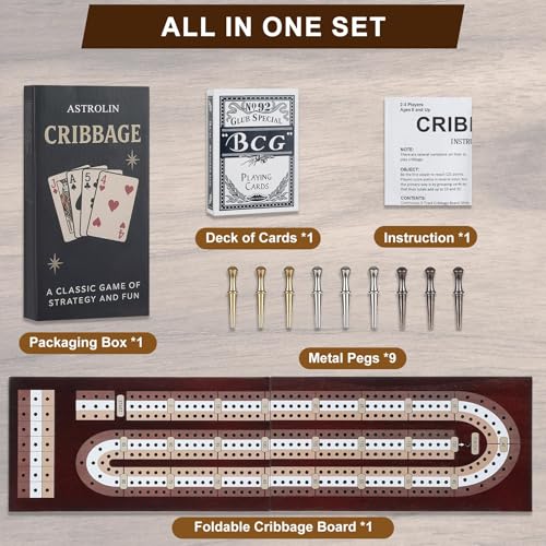 Cribbage Board Game Set, Premium Wooden Board with Magnetic Lock and Built-in Storage, Deck of Cards & 9 Metal Pegs, Fun 2–3 Player Travel Game for Adults and Family - size: Foldable