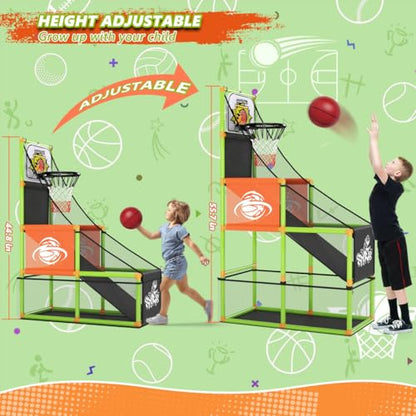 Arcade Basketball Game Set with Electronic Scoreboard&LED Light: Boy Toys Basketball Hoop Indoor Outdoor with 4 Balls & Air Pump Sports Carnival Games Christmas Birthday Gifts for Kids 3-12 Years Old - style: Green Scoring Basketball Hoop