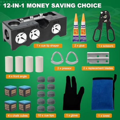 Pool Cue Tip Replacement Kit, 11-in-1 Pool Cue Tip Repair and Shaping Kit, Pool Cue Tip Repair Tool Include 10 Cue Tips, 4 Ferrules, 4 Chalks, Portable Pool Stick Tip Repair Kit