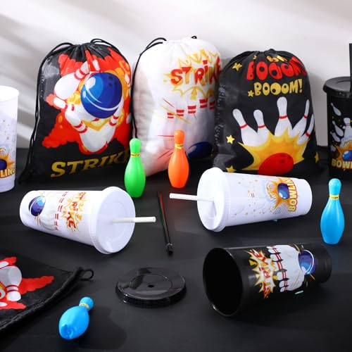24 Pcs Bowling Party Favors Bowling Party Plastic Cups Bowling Party Drawstring Backpack Bag 24 oz Bowling Tumbler Bowling Party Favor Bags for Bowling Birthday Team Party Supplies Gifts