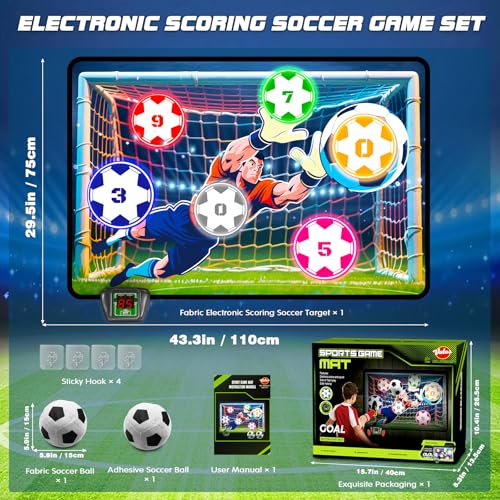 VATOS Electronic Scoring Soccer Toy Game Set for Kids, Indoor Outdoor Soccer Training Target with Real-Time Scoring, 2 Modes, Fabric Goal and 2 Soft Balls, Fun Sport Birthday Ages 3+
