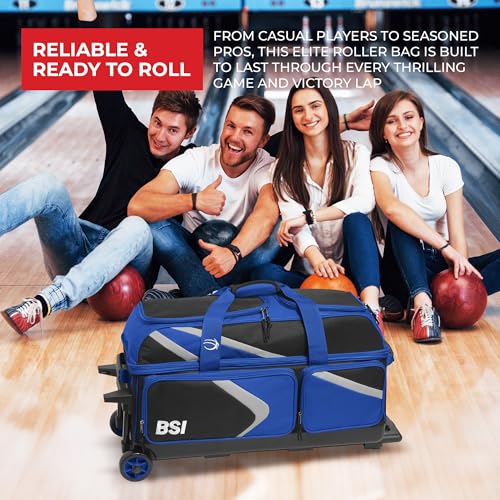 BSI Dash Roller Bowling Bag with Smooth Rolling Wheels, Padded Ball Compartment, Retractable Locking Handle, & Shoe Pocket - color: Black/Blue/Gray, style: Triple