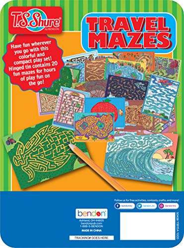 TS Shure by Bendon Travel Games Mazes Mini Activity Tin with 20 Illustrated Activity Sheets and Pencil and Tin 50438 - style: Travel Games Tin