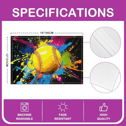 Baseball Games Tie Dye Table Placemats Set of 4,Softball Game Tie Dye Place Mats 12x18 Inch for Kitchen Table,Ball Games Sports Washable Mats Suitable for Restaurant - color: Blue Yellow