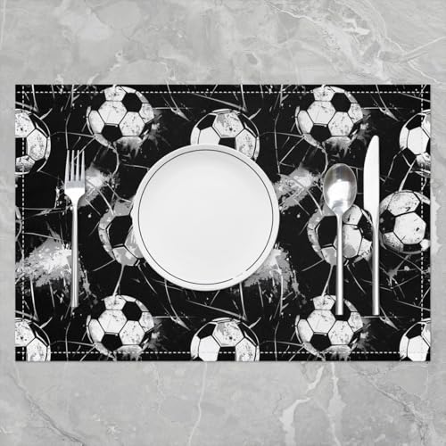 Erosebridal Soccer Placemats Set of 4 12x18 Grunge Sports Place Mat for Kids Teens Men Comforter Geometric Football Ball Game Black White Cover Heat Resisting Table Mats - color: Black White