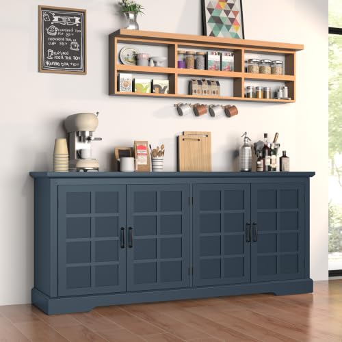 Bigbiglife 70.2" Wood Buffet Cabinet, Farmhouse Buffet Sideboard Cabinet with 4 Doors and Adjustable Shelves, Coffee Bar Wine Bar Storage Cabinet for Kitchen, Living Room, Blue - color: Blue