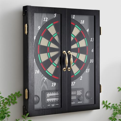 Electronic Dart Board, Decorative Dart Board Cabinet Set for Adults [12*Bronze Soft Tip Darts] [Cricket Game Mode] - Wooden Electric Dartboard Cabinet - Window