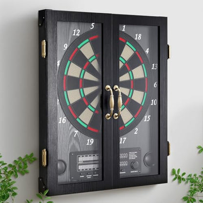 Electronic Dart Board, Decorative Dart Board Cabinet Set for Adults [12*Bronze Soft Tip Darts] [Cricket Game Mode] - Wooden Electric Dartboard Cabinet - Window