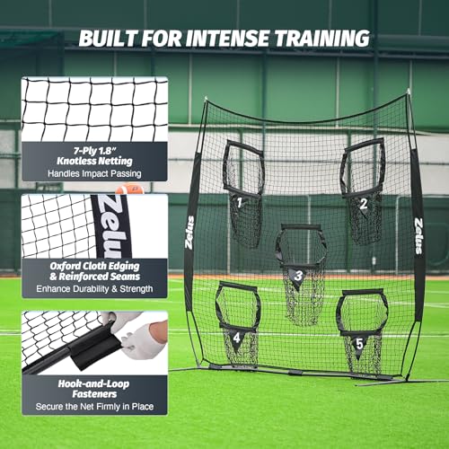 ZELUS Football Throwing Net, Quarterback Training Equipment with 5 Target Pockets, Football Practice Throwing Passing Accuracy Trainer with Carry Bag Ground Stakes for Kids Adults - color: Black, size: 8×8