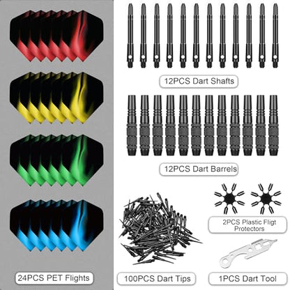 Soft Tip Darts Set 18g, 12 Pack with 100 Tips and 24 Flights | 12 soft tip darts, 18g weight, aluminum shafts, knurled barrels, 100 spare tips, 24 flights, for electronic dartboards