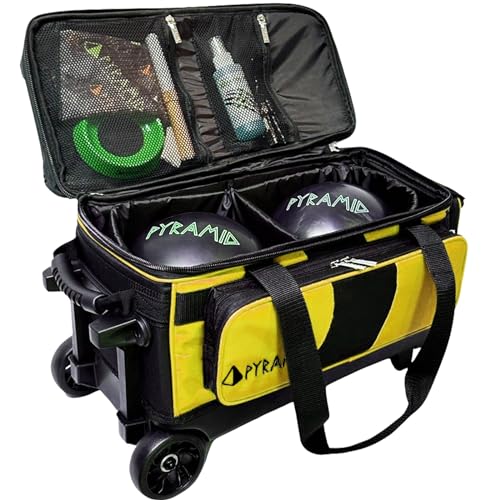Pyramid Deluxe Double Roller 2 Ball Bowling Bag with Large Separate Shoe Compartment (Up To 2 Pairs Of Shoes) and Accessory Pockets, Sturdy Square Handle - Extends to 40" - Pro Options Available - color: Pro Black/Gold