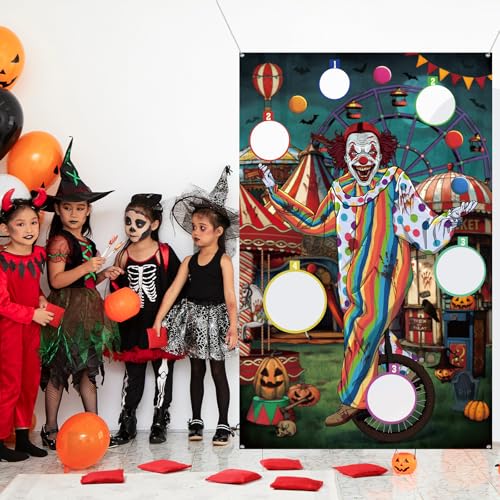 WovWeave Halloween Toss Game Banner with 3 Bean Bags Scary Clown Toss Banner Halloween Carnival Party Throwing Game for Kids Adults Trick or Teat Circus Party Favors Supplies