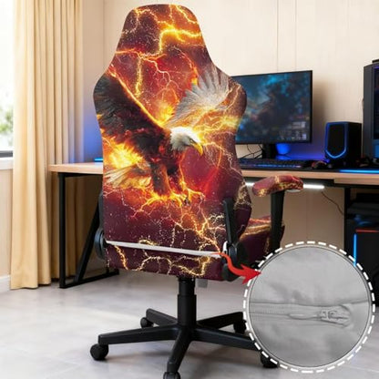 Eagle Print 4Pcs Gaming Chair Cover Set Dust-Proof Stretchable Computer Office Chair Cover with Armrest Covers Universal Fit for Desk/Swivel/Rotating Chairs Protector Machine Washable - color: Orange - Eagle