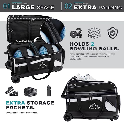 GoHimal Double Roller Bowling Bag, Shoe Compartment, Upgraded Fabric | Fits US men's size 15 shoes,multi pockets,retractable handle extends to 40",smooth-rolling wheels,lightweight design - color: Black